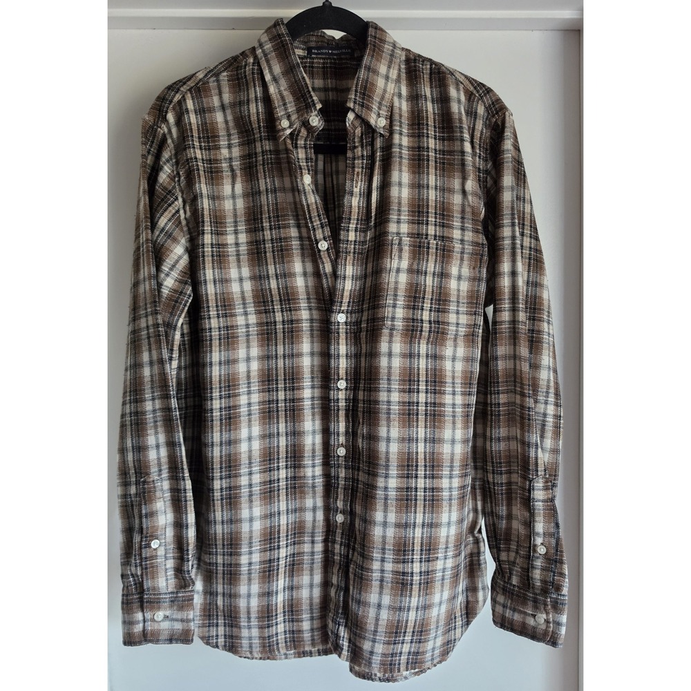 Brandy Melville Flannel Shirt Plaid Brown Black White Long Sleeve Button-Up